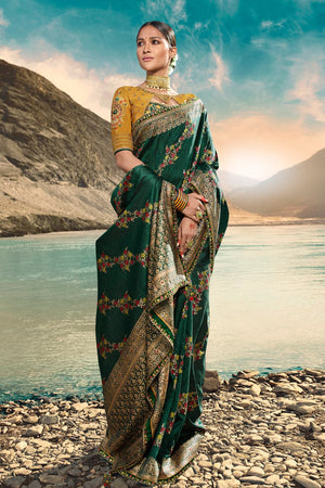 Bridal Green Designer Saree With Embroidered Silk Blouse - Woven Fusion Of Banarasi & Raw Silk