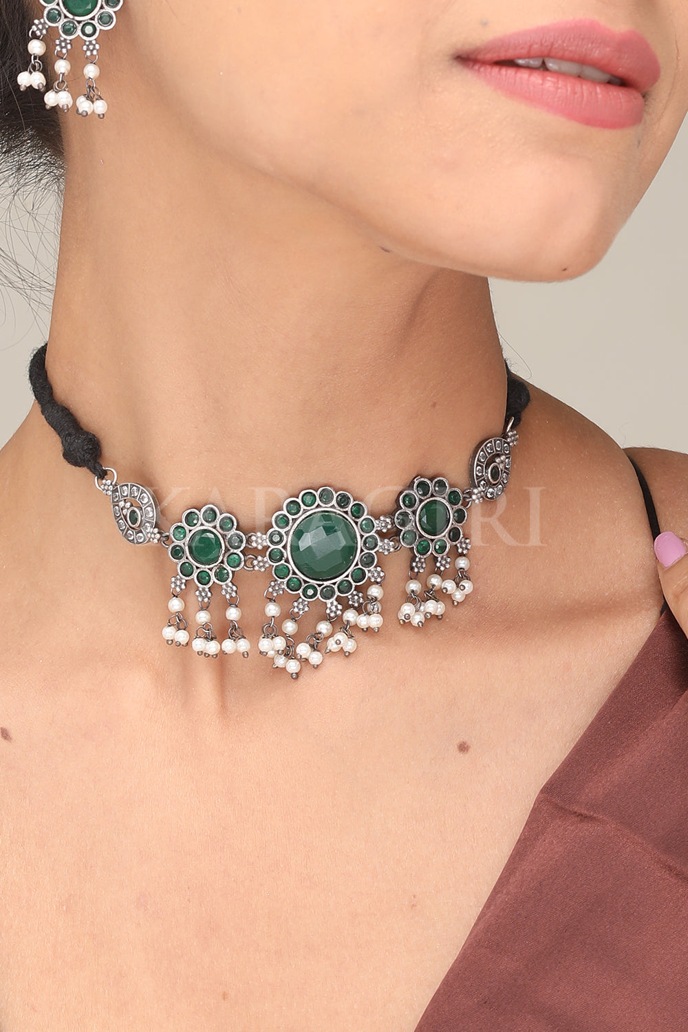 Green stone and kundan necklace and earring - set of two by Abhika  Creations | The Secret Label
