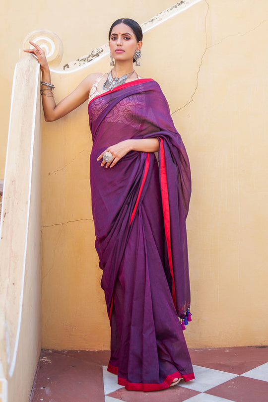 Violet Purple Mulmul Cotton Saree