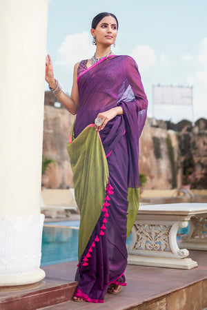 Dark Purple Mulmul Cotton Saree