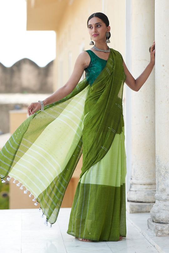 Hunter Green Mulmul Cotton Saree