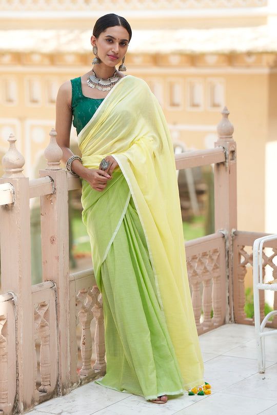Lime Green Mulmul Cotton Saree