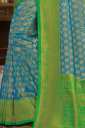 Peacock green handcrafted customised kanjivaram Saree - Buy online on Karagiri - Free shipping to USA
