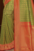 Parrot green handcrafted customised kanjivaram Saree - Buy online on Karagiri - Free shipping to USA