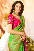 Luscious green woven designer banarasi saree with embroidered silk blouse - Wedding sutra collection - Buy online on Karagiri - Free shipping to USA