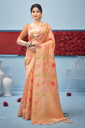 Salmon Orange Organza saree