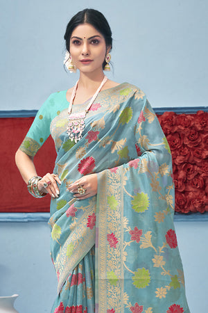 Sky Blue Organza Saree