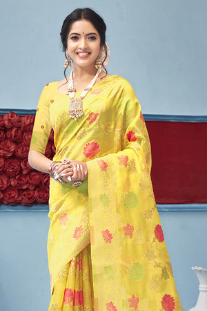 Lemon Yellow Organza Saree