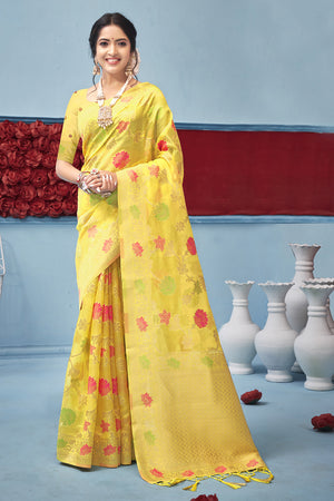 Lemon Yellow Organza Saree