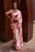 Baby Pink Satin Crepe Saree