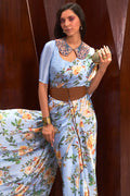 Sky Blue Satin Crepe Saree