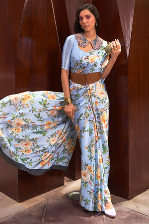 Sky Blue Satin Crepe Saree