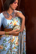 Sky Blue Satin Crepe Saree