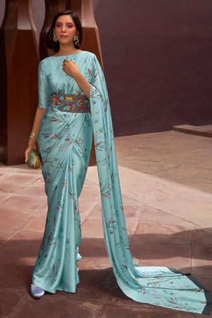 Baby Blue Satin Crepe Saree
