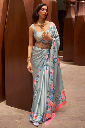 Cloud Grey Satin Crepe Saree