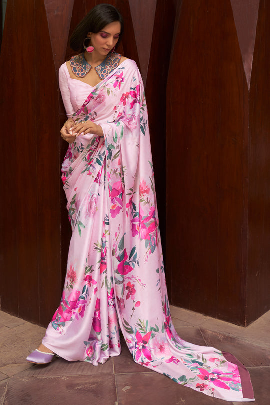 Blush Pink Satin Crepe Saree