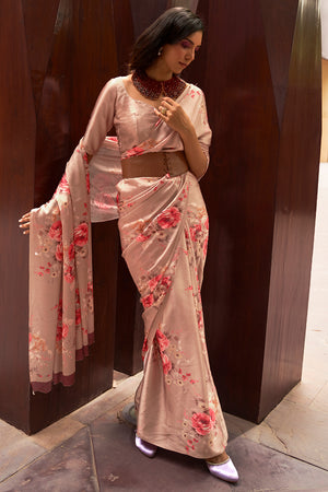 Soft Stone Cream Satin Crepe Saree