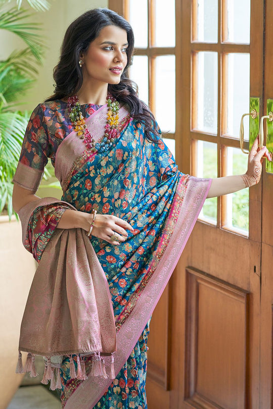 Cerulean Blue Digital Print Saree