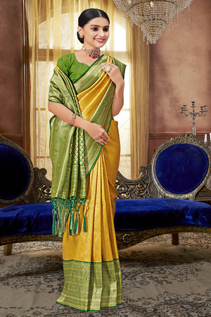 Yellow Green Banarasi saree