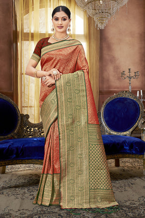 Red Green Banarasi saree