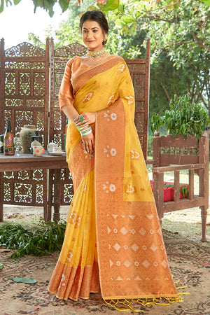 Lemon Yellow Organza Saree