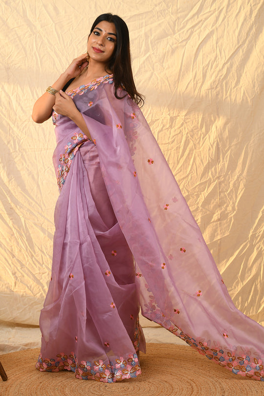 pink organza saree