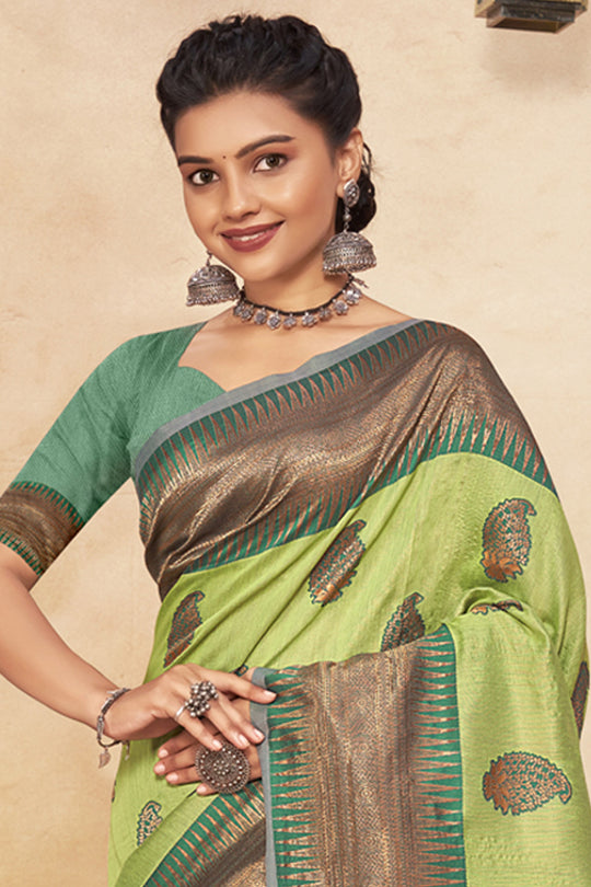 Lime Green Cotton saree