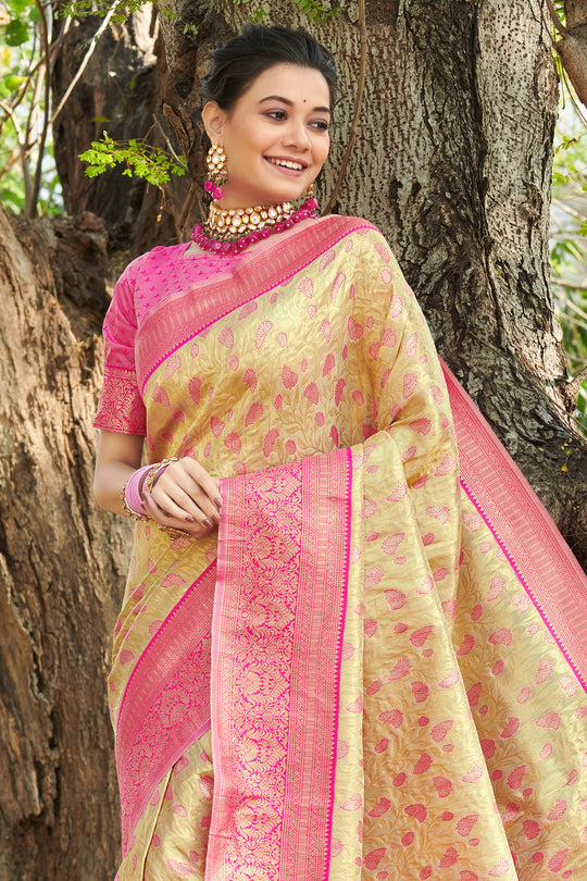 Beige And Pink Kanjivaram Silk Saree