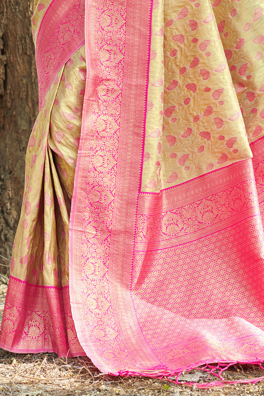 Beige And Pink Kanjivaram Silk Saree