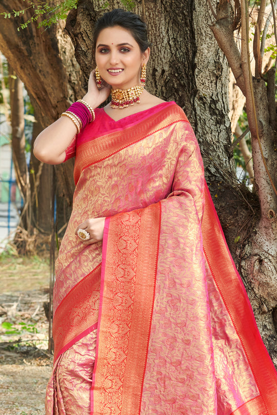 Pink And Red Kanjivaram Silk Saree