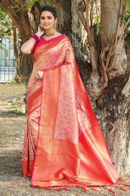 Pink And Red Kanjivaram Silk Saree