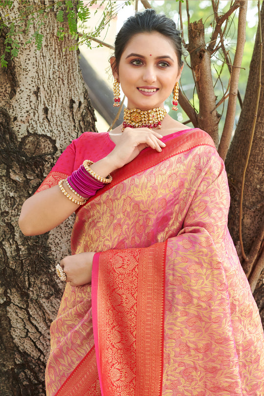 Pink And Red Kanjivaram Silk Saree
