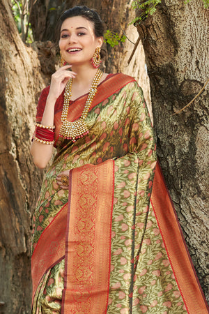 Green And Red Kanjivaram Silk Saree