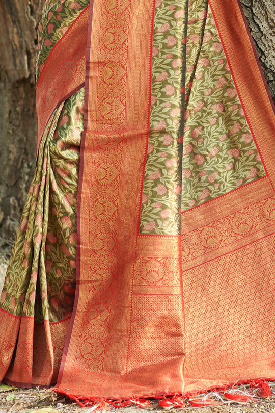 Green And Red Kanjivaram Silk Saree