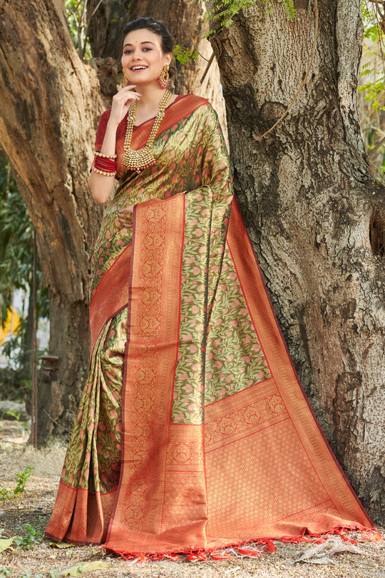 Green And Red Kanjivaram Silk Saree