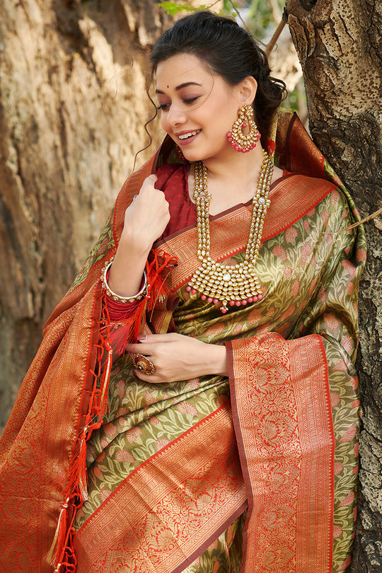 Green And Red Kanjivaram Silk Saree
