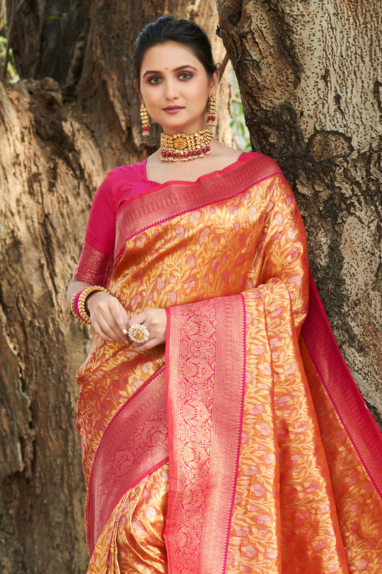 Orange And Red Kanjivaram Silk Saree