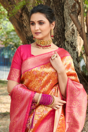 Orange And Red Kanjivaram Silk Saree