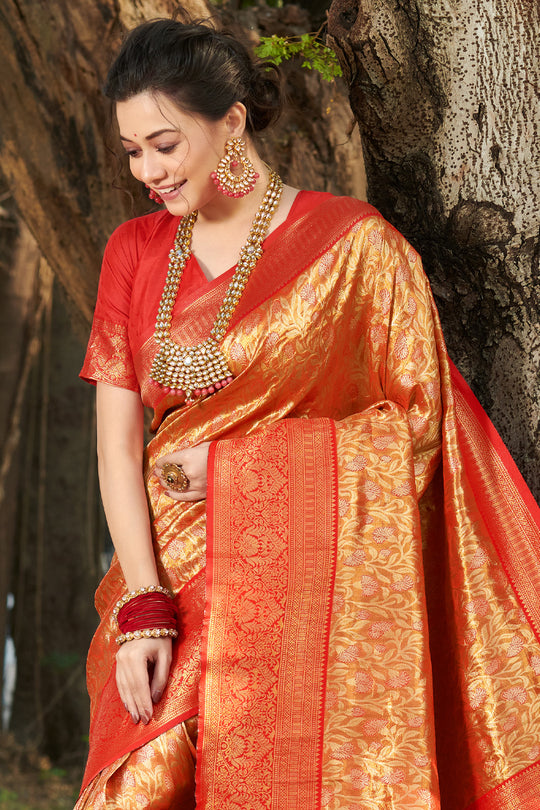 Golden And Red Kanjivaram Silk Saree