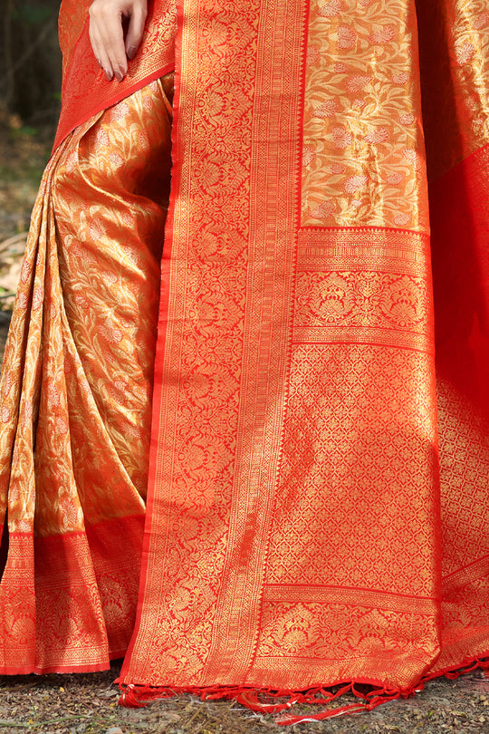 Golden And Red Kanjivaram Silk Saree