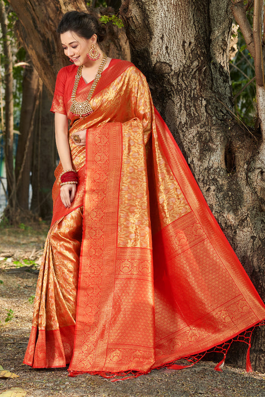 Golden And Red Kanjivaram Silk Saree