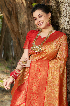 Golden And Red Kanjivaram Silk Saree