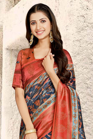 Blue And Red Digital Print Saree