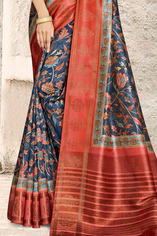 Blue And Red Digital Print Saree
