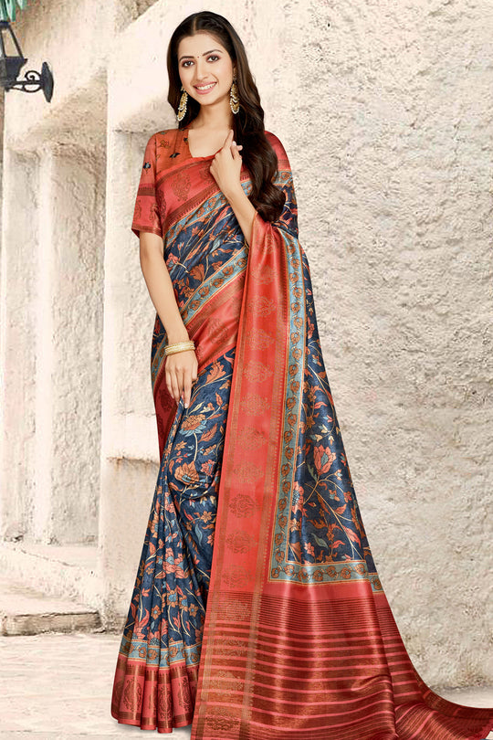 Blue And Red Digital Print Saree