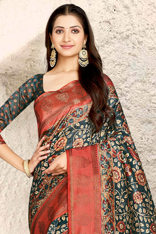 Blue And Red Digital Print Saree