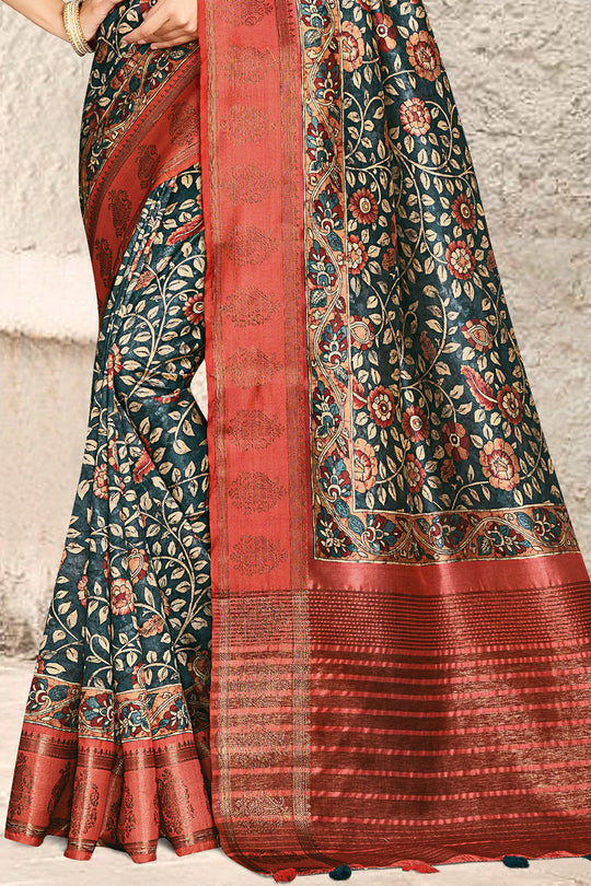 Blue And Red Digital Print Saree