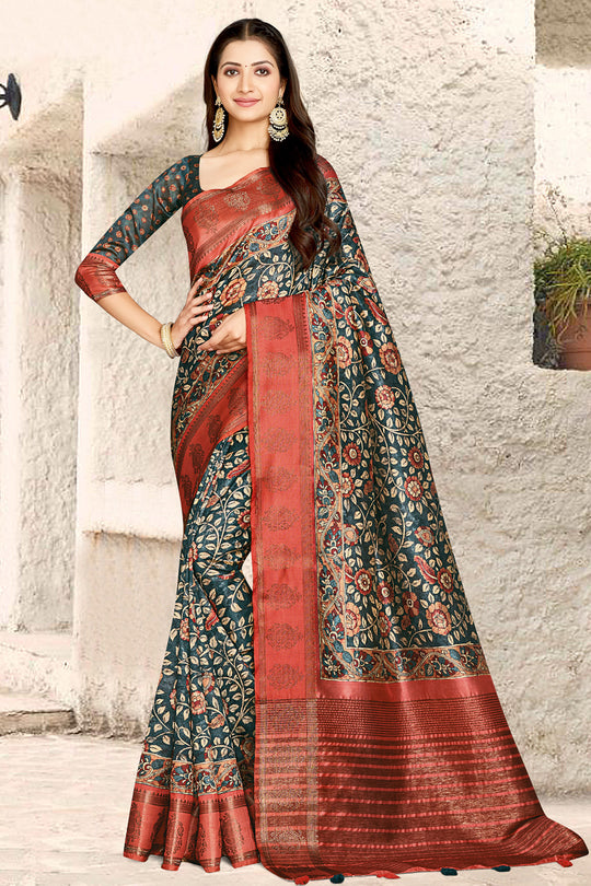 Blue And Red Digital Print Saree