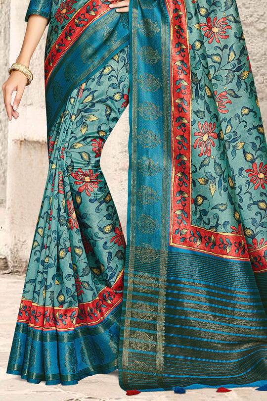 Green And Red Digital Print Saree