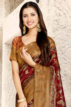 Maroon And Gold Digital Print Saree
